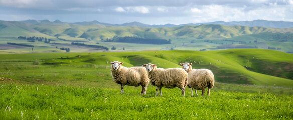 Sheep standing in sunny green field under blue sky background. Nature pasture landscape - 787301066