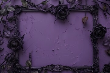 A black picture frame with black roses on a purple background