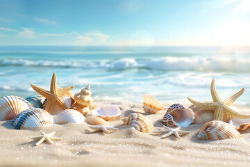 Fototapeta na wymiar Beach summer panoramic background with seashells and starfish