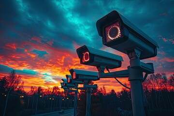 Cctv camera or security system with sunset sky background, silhouette of cordered video cameras for surveillance and protection in evening sky. Generative AI