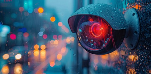 CCTV camera with night vision light on the wall of an urban building, city street background with bokeh lights. Concept for security and surveillance technology. Generative AI
