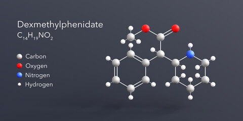 dexmethylphenidate molecule 3d rendering, flat molecular structure with chemical formula and atoms color coding - obrazy, fototapety, plakaty