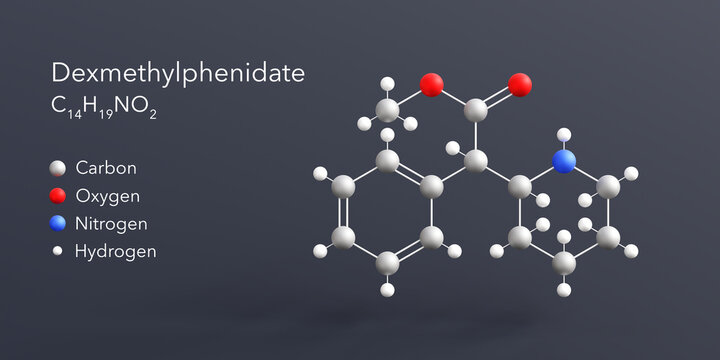 dexmethylphenidate molecule 3d rendering, flat molecular structure with chemical formula and atoms color coding
