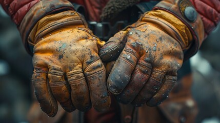 a person wearing a pair of dirty leather gloves - obrazy, fototapety, plakaty
