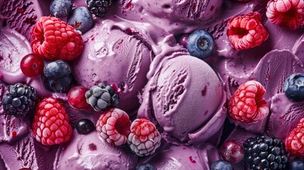 Texture of berry ice cream with fresh berries: raspberries, blueberries, blackberries. Sweet...