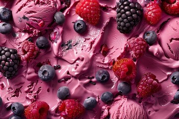 Texture of berry ice cream with fresh berries: raspberries, blueberries, blackberries. Sweet delicious summer dessert, macro photography. Ice cream background
