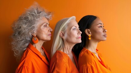 Side view portrait of middle-aged women, elderly beautiful ladies of different nationalities, cultures on orange background. Mature women models with different skin and hair colors. Beauty concept