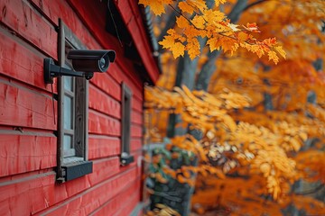 Cctv camera on the wall of red wooden house with yellow leaves in autumn, closeup, photo for stock photography. Generative AI
