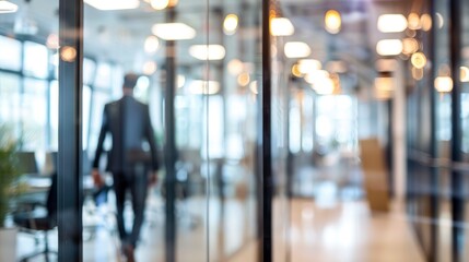 Blurred abstract business background. Business people walking along an office corridor in a modern glass business or shopping center. Motion effect, defocus