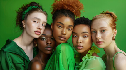 Beautiful female models of different races with different skin and hair colors on a plain green background. Multiethnic women with nude makeup, multi-ethnic beauty concept
