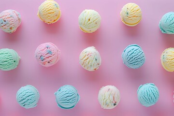 Colorful pattern of ice cream scoops of different colors and flavors on pastel background, top view