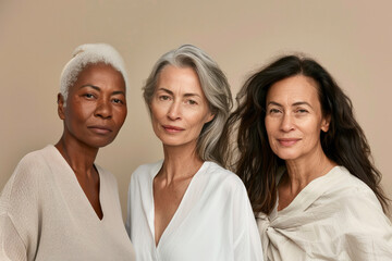 Group portrait of middle-aged women, elderly beautiful ladies of different nationalities, cultures on beige background. Mature women models with different skin and hair colors. Beauty concept