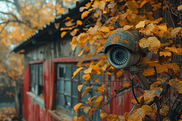 Cctv camera on the wall of red wooden house with yellow leaves in autumn, closeup, photo for stock photography. Generative AI
