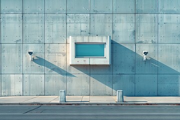 A closeup photo of an industrial building wall with a security camera. Generative AI