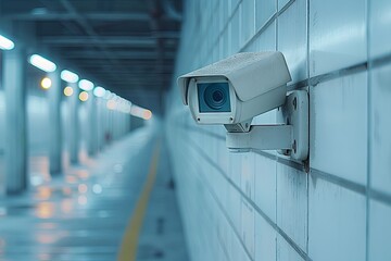 A closeup photo of an industrial building wall with a security camera. Generative AI