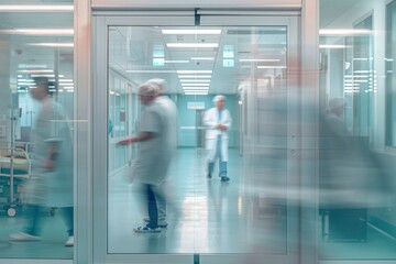 Blurred medical background. Corridor of modern hospital with doctors and patients walking. Silhouettes of people in motion. Health concept, medical care, treatment of people