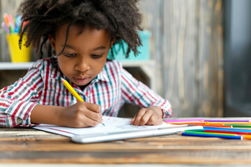 Dark-skinned African American boy 4-5 years old draws with colored pencils at table in children's room. Happy childhood, preschool education concept, creative development of children
