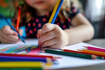Little cute child draws with colored pencils at table in children's room. Happy childhood, preschool education concept, children's creative development, gardening activities