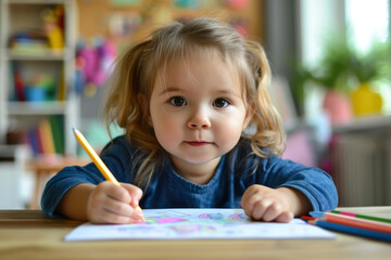 Little cute child draws with colored pencils at table in children's room. Happy childhood, preschool education concept, children's creative development, gardening activities