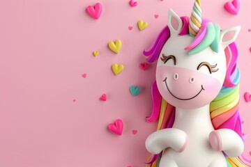Fairytale unicorn with a multi-colored mane on plain pink background, 3D illustration. Magical handsome cartoon character, horse with rainbow mane