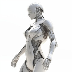 robot body, hyper realistic, unreal engine. modeled after a woman body. white background high fashion. 