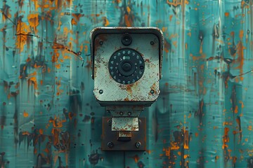 3D illustration of a CCTV camera on a wall, white in color with a grey metal sheet background, shot from a low angle, soft lighting, high resolution photography. Generative AI