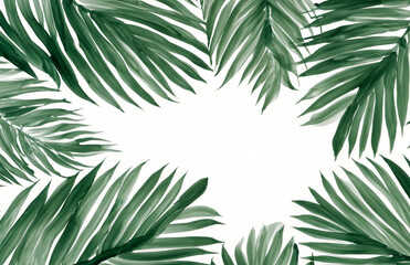 Green palm leaves border, watercolor tropical leaves  background, pretty palm trees graphic, botanic banner, beautiful hand painted leaf illustration. Organic, nature, environment, vacation, travel  - obrazy, fototapety, plakaty