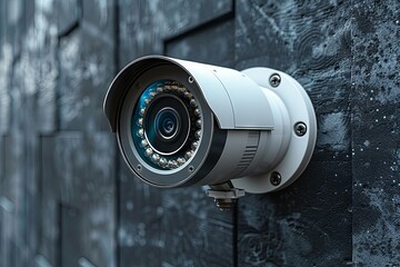 3D illustration of a CCTV camera on a wall, white in color with a grey metal sheet background, shot from a low angle, soft lighting, high resolution photography. Generative AI