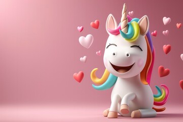 Fototapeta premium Fairytale unicorn with a multi-colored mane on plain pink background, 3D illustration. Magical handsome cartoon character, horse with rainbow mane
