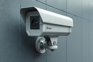 3D illustration of a CCTV camera on a wall, with a white color scheme, in an industrial building background, with high resolution, high quality, high detail. Generative AI