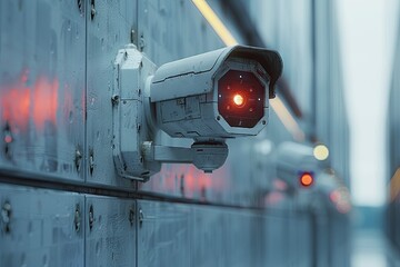 3D illustration of a CCTV camera on a wall, with a white color scheme, in an industrial building background, with high resolution, high quality, high detail. Generative AI