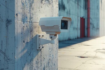 3D rendering of a simple CCTV camera on a wall of an industrial building exterior, with a white and grey color theme, studio lighting, high resolution photography. Generative AI