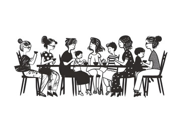 A striking black and white silhouette of a family engaged in a meal together, depicted in bold ink strokes