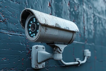 3D rendering of a simple CCTV camera on a wall of an industrial building exterior, with a white and grey color theme, studio lighting, high resolution photography. Generative AI