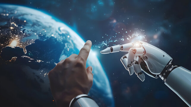 This compelling image shows a human and a robot finger about to touch with Earth in the background, implying a global reach of technology