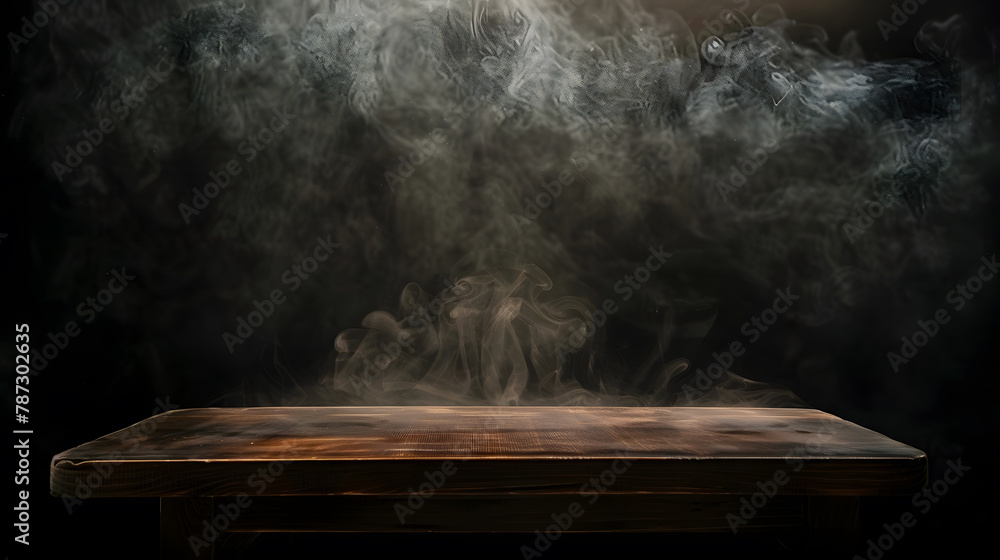 Aufkleber On a black background an empty wooden table with smoke floats up Empty space for displaying your products with a smoke float up on a dark background Space available for displaying your : Generative AI