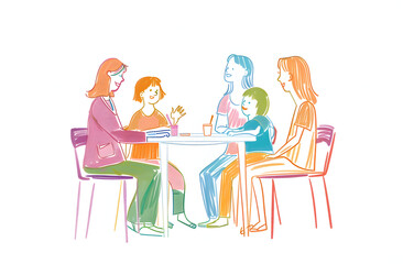 A group of individuals illustrated abstractly enjoying a pleasant meeting over a table in bright colors