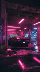 Drenched in neon, a classic car is framed by graffiti and the decaying urban environment of a city underbelly, reflecting in pools of rainwater.