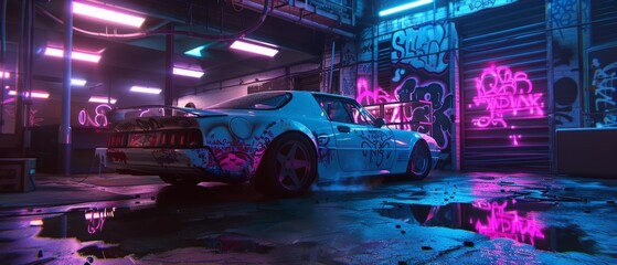A vivid sports car featuring intricate graffiti art stands under vibrant neon lights, reflecting on a wet garage floor amidst urban decor.