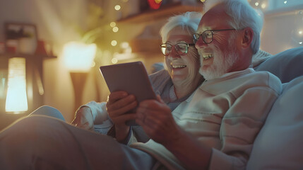 Happy senior couple relaxing on couch at home using tablet for online shopping : Generative AI - Powered by Adobe