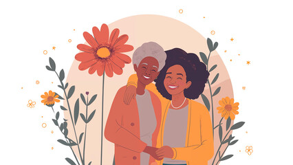 Obraz na płótnie Canvas 3d cartoon-like illustration of Afroamerican black mother and daughter hugging each other against floral background, orange and yellow colors, sweet moments of motherhood, mother's day 