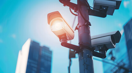 Group of IP CCTV camera were installed on the post for monitor people in the urban city by security system concept with blue sky and city scape background copy space : Generative AI