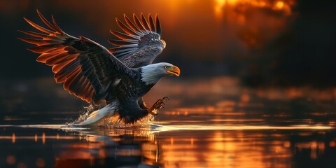 Dramatic moment as a bald eagle swoops down to catch a fish, showcasing raw power and precision - obrazy, fototapety, plakaty