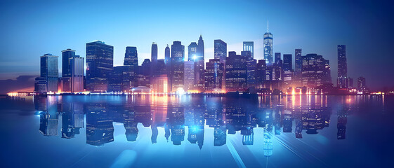 A digital artwork showcasing a cityscape at dusk, with skyscrapers reflected in the water, rendered in shades of blue suggesting tranquility and balance