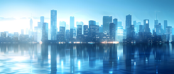 A serene night scene with illuminated city skyline casting reflections on tranquil water