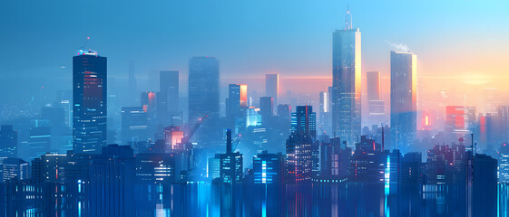 Twilight view of an advanced city landscape with multitude of radiant building lights creating a lively ambiance in the urban setting - obrazy, fototapety, plakaty