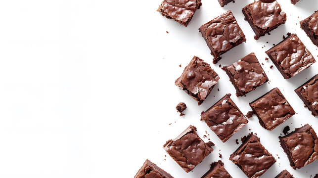 Chocolate brownies on white background top view copy space Delicious homemade dark chocolate dessert brownie : Generative AI