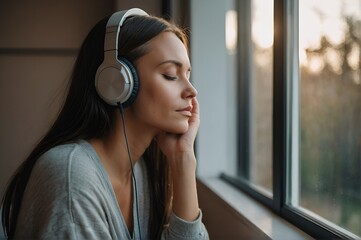 Young woman with headphones listening to relaxing music while sitting beside window, peaceful and stress free lifestyle concept.