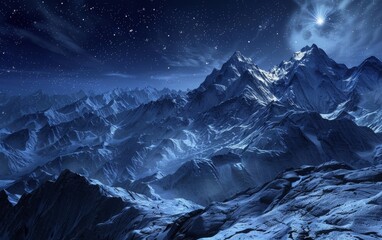 A breathtaking vista of towering snow-capped mountain peaks against a dramatic starry night sky, creating a captivating and awe-inspiring natural landscape.