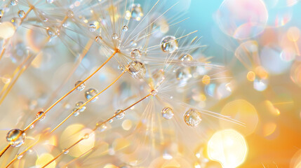 Macro nature Beautiful dew drops on dandelion seed macro Beautiful soft background Water drops on parachutes dandelion Copy space soft focus on water droplets circular shape abstract b : Generative AI